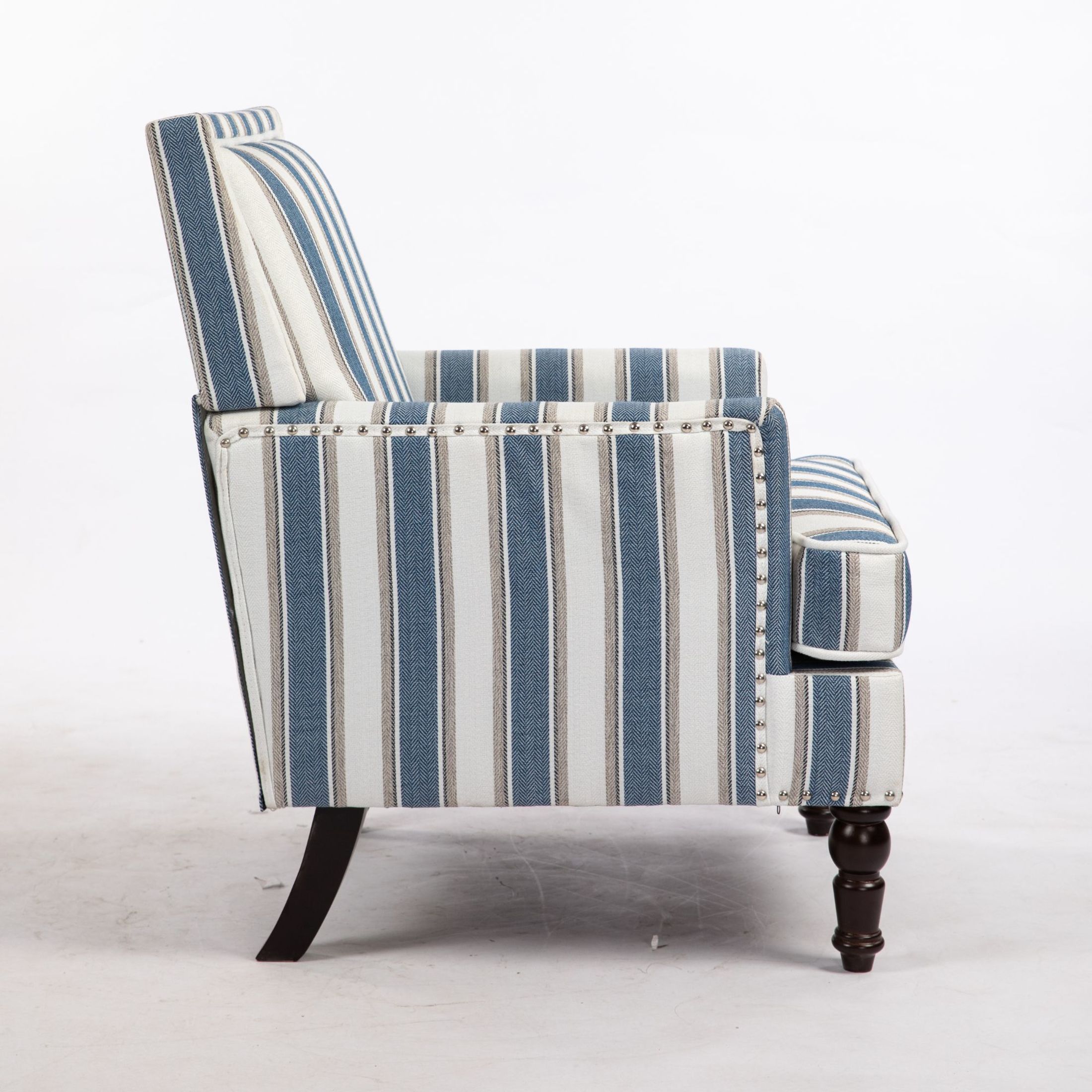 GDF Studio Zerra Vintage Upholstered Armchair with Solid Wood Legs & Nailhead Trim, Classic Stripes Accent Chair, Blue