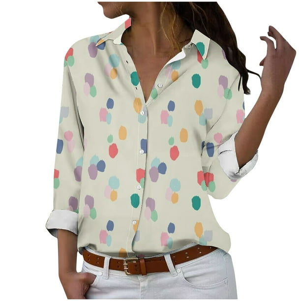 Camisetas de Mujer Casual, Manga Larga Impresa Solapa Botón Arriba Blusa, Ajuste Regular Poliéster Superior
