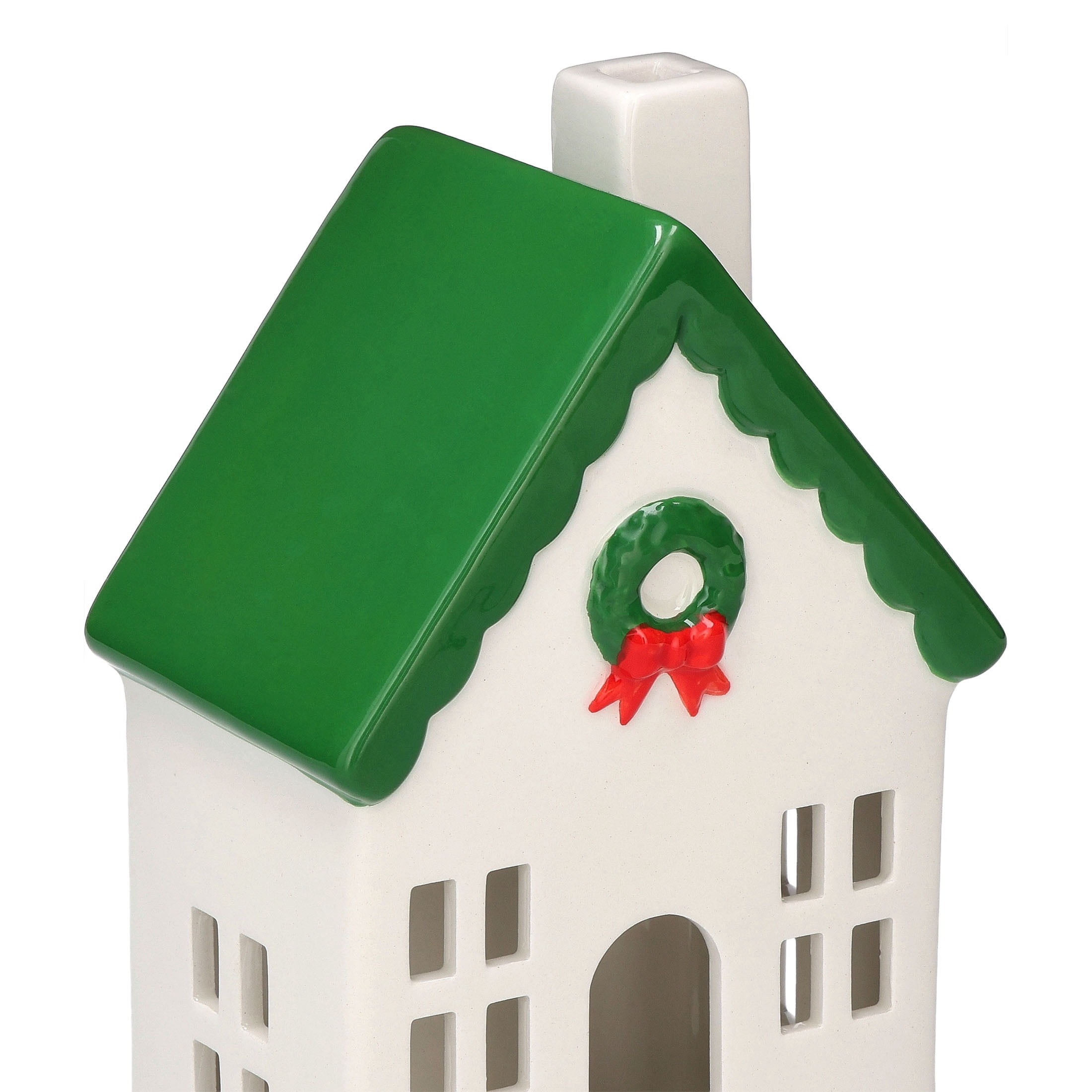 Ceramic House with Wreath Christmas Decoration, Red/White/Green, 7", by Holiday Time