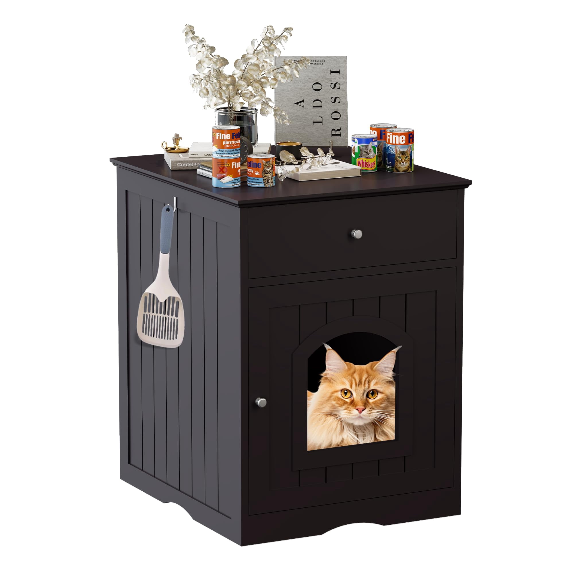 HOYOA 20" Cat House Covered for Indoor, Hidden Crate Litter Box Enclosure, Hooded Cats Furniture Cabinet Kitty Washroom, Brown