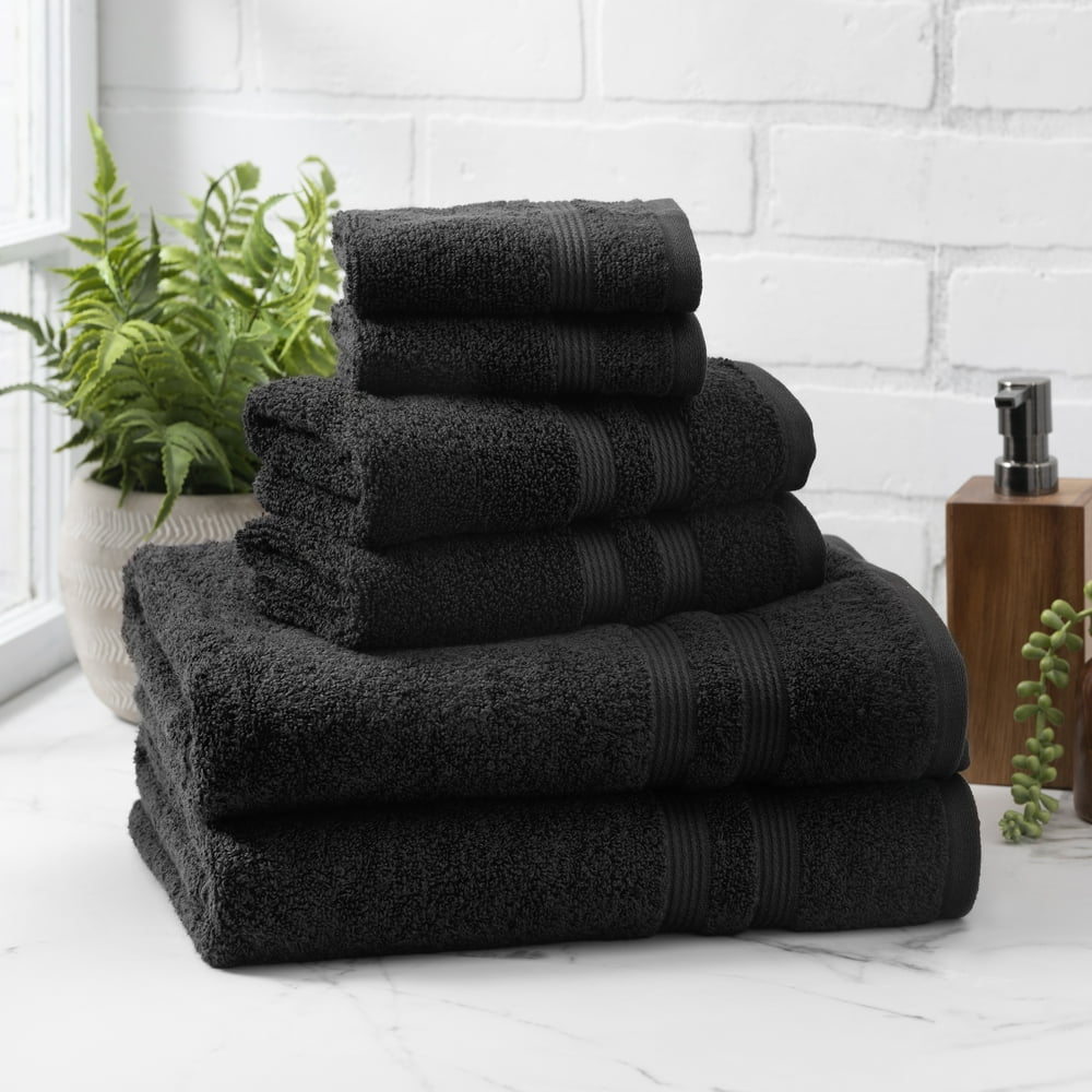 Mainstays Performance Solid 6 Piece Towel Set, Rich Black