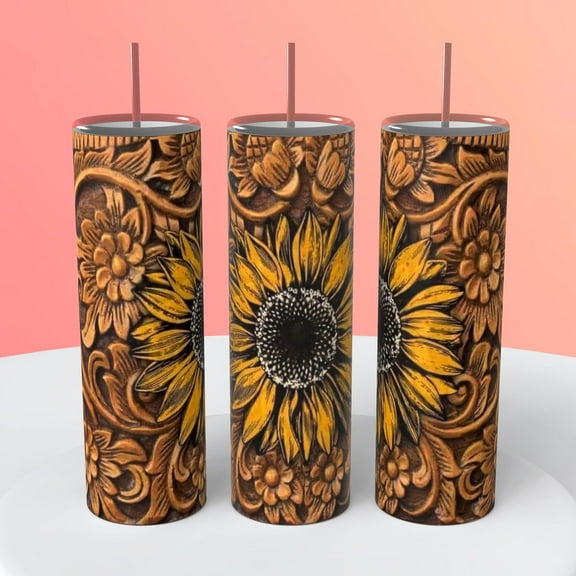 Sunflower leather western country 20 oz insulated tumbler coffee cup hot cold beverage
