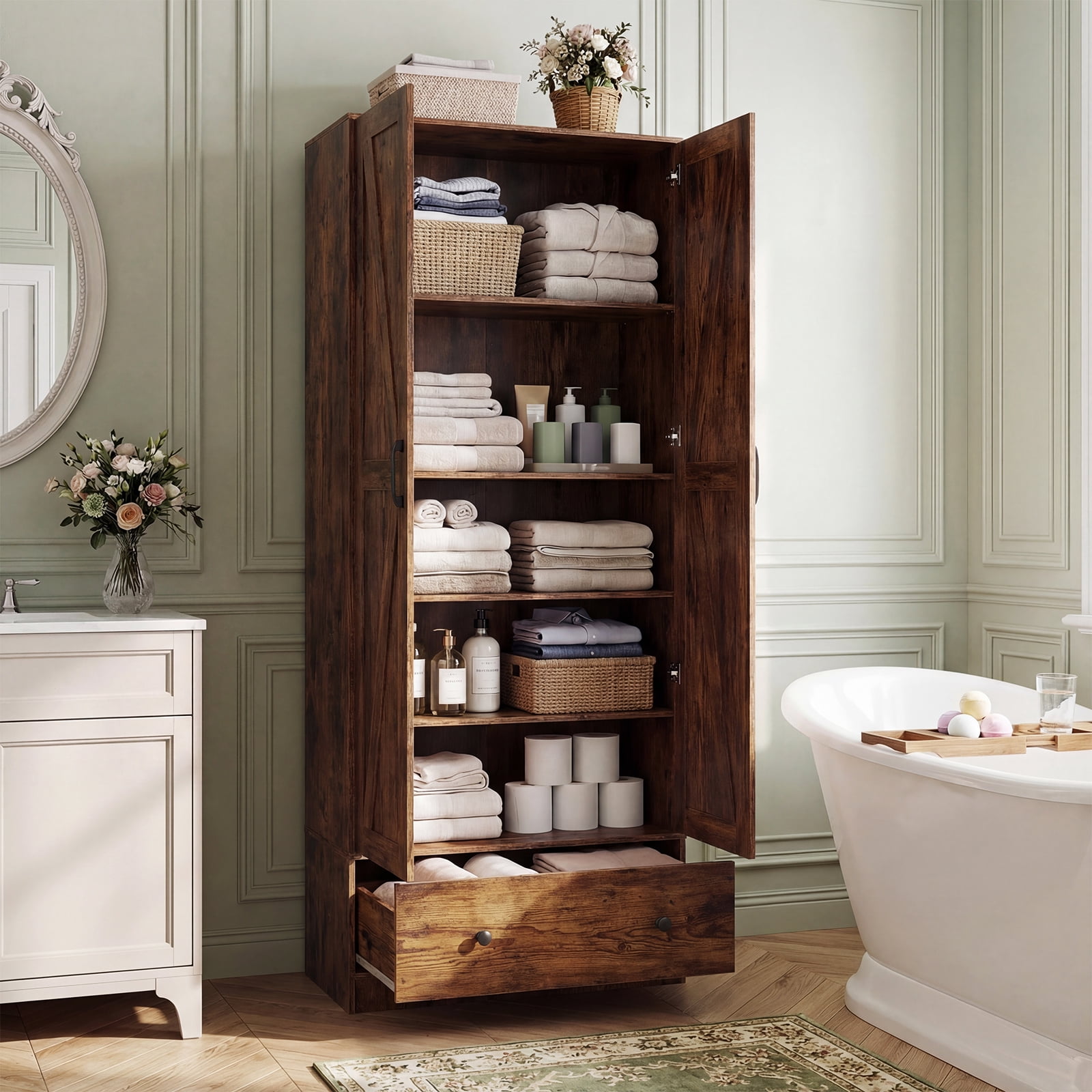 Costway 72" Tall Kitchen Pantry Cabinet, Farmhouse Wooden Cupboard with 2 Doors, Drawer Rustic Brown