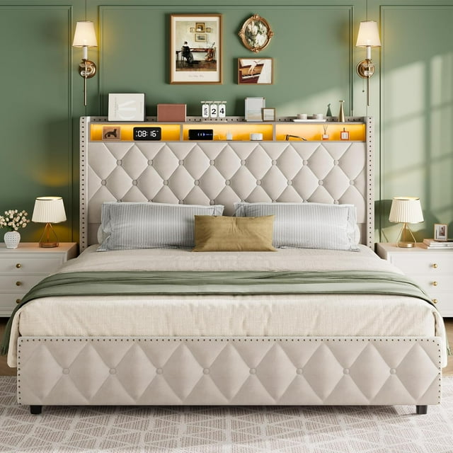 Full/Queen/King Size Platform Leather Upholstered Bed Frame - 50.8in Tall Headboard, 4 Storage Drawers, USB Charging Station & LED Lights, No Box Spring Needed