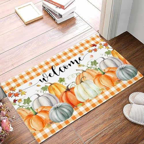 Doormat Indoor Entrance Home Decor Door Mat Orange Plaid Fall Floor Rugs for Kitchen Bathroom Autumn Pumpkins Welcome Funny Welcome Mat 16x24 Inch.