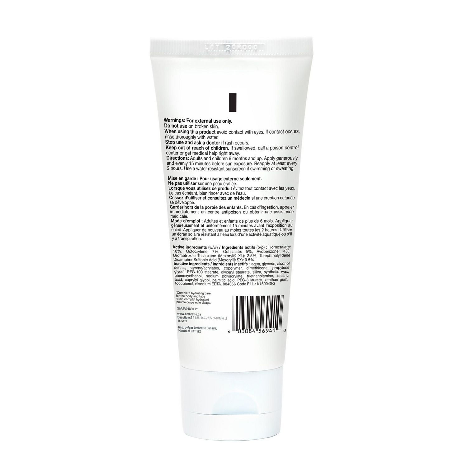 Garnier Ombrelle Écran solaire complet, FPS 60, pour le corps et le visage, haute protection, défense avancée contre les UVA/UVB, non gras, résistant à l'eau, hypoallergénique, non comédogène, 90 ml