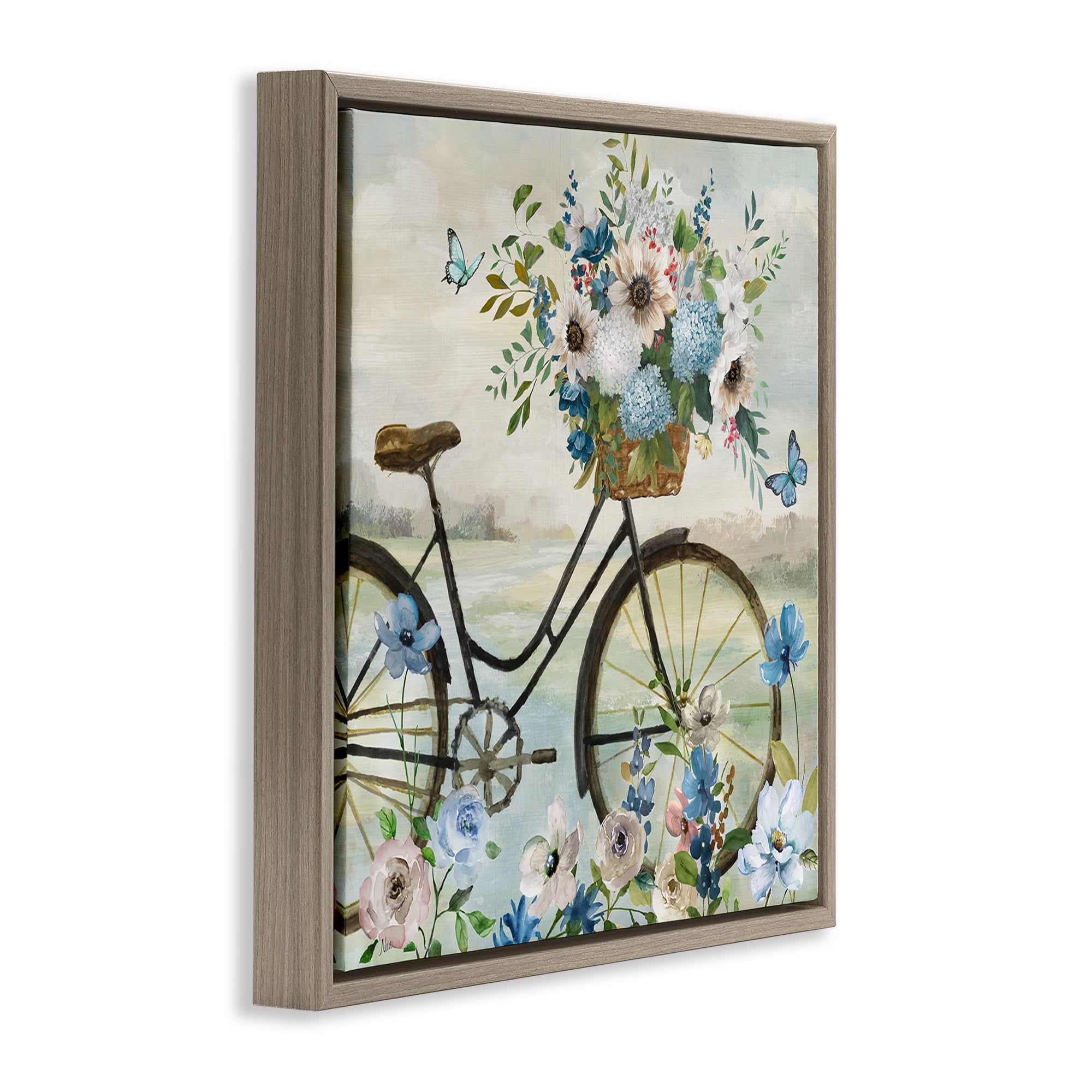 Stupell Industries Floral Bicycle & Butterflies Transportation Painting Brown Floater Framed Canvas Art Print Wall Art, 18 x 18