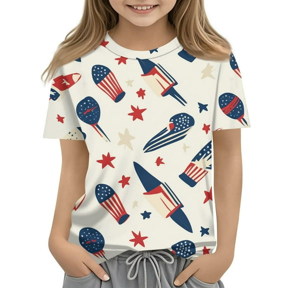 XADYUY Patriotic Shirts for Girls Kids 4th Of July American Flag Balloon Graphic T Shirt Crew Neck Short Sleeve Shirts Holiday Independent Day Tee Shirts,Beige 9-10 Years