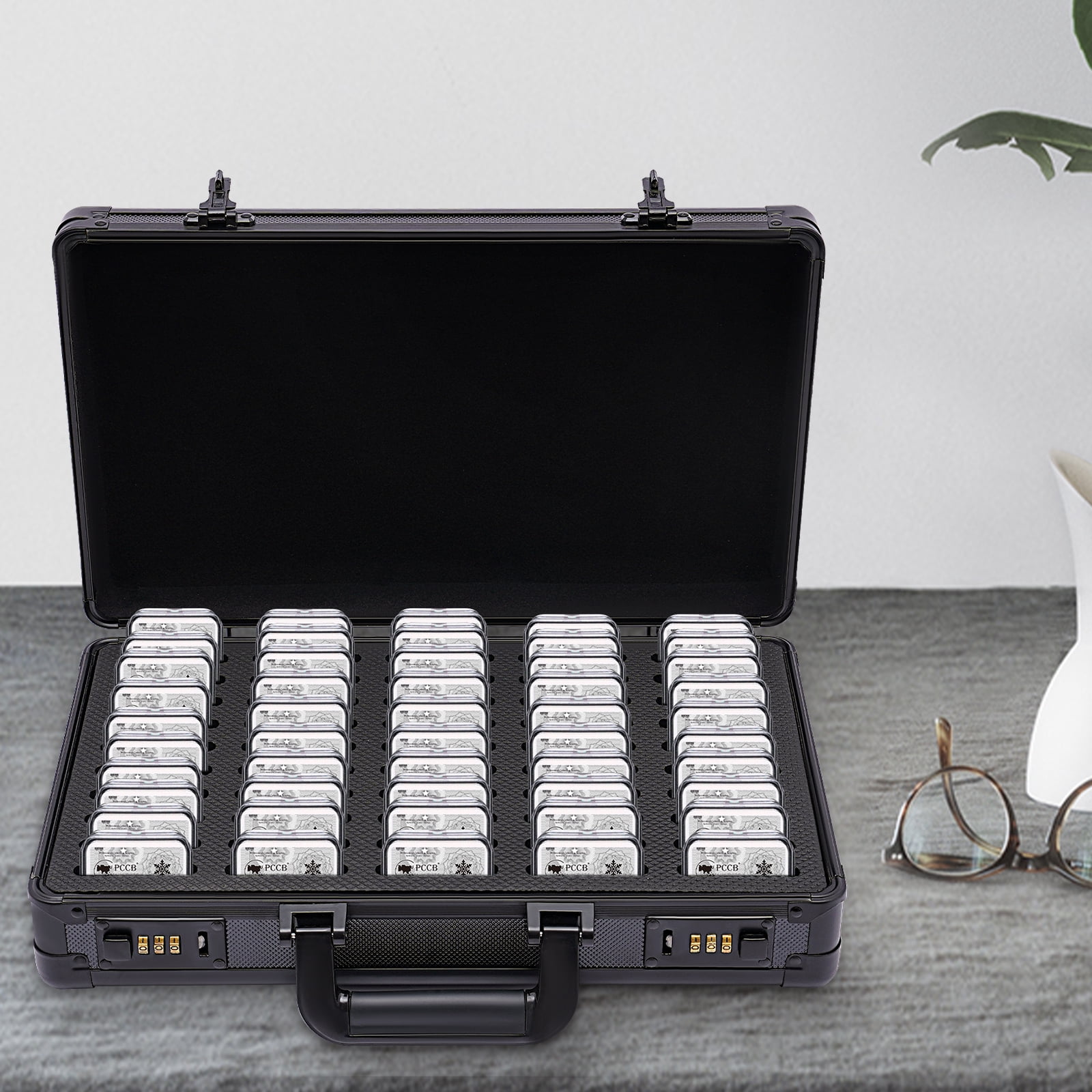 Classic Aluminum Frame Coin Slab Case Coin Slab Holder Display Case Coin Collection Supplies with Handle and Push Coded Locks Storage Box Case Compartments for 50 Coin Slabs