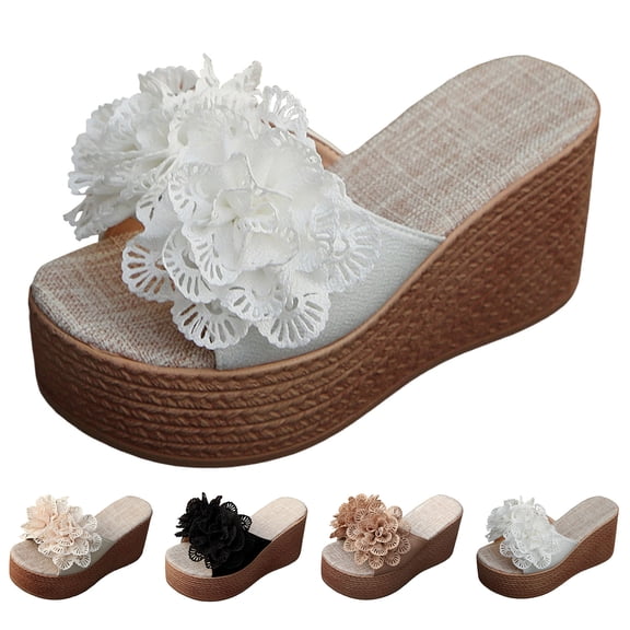 Modstep Flower Platform Wedge Sandals Espadrille Heel Slip on Summer Slides Wide Width Casual Dress Wedges Walking Shoes size 6.5 Beige