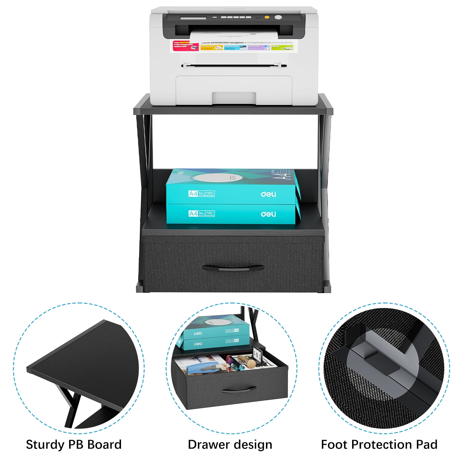 Printer Stand for Desk with Storage Drawer, 2 Tier Desktop Or Under Desk Shelf, Multi-Purpose Desk Organizer for Home Office, fit Fax Machine/3D Printer/Scanner, Black