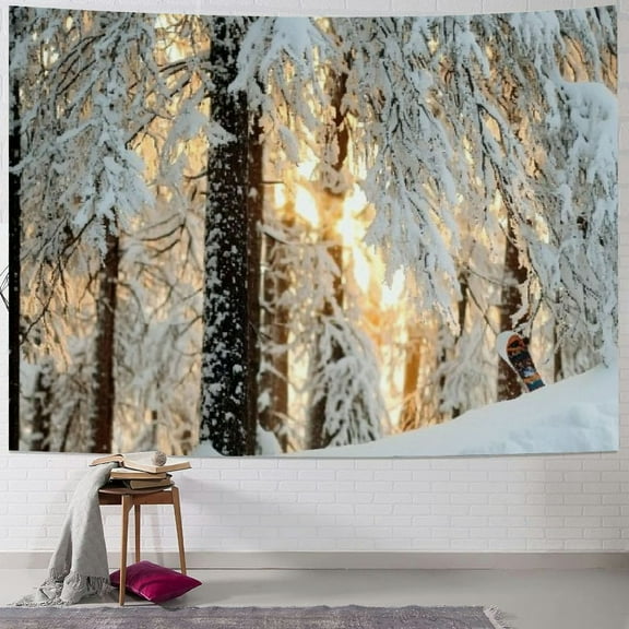 Fenyluxe Winter Snow Tapestry, Snowy Mountain Pine and Fir Forest Nature Landscape Tapestry, Winter Cedar Christmas Snowflake Tapestry for Bedroom Living Room Dormitory Decoration 40x30inch