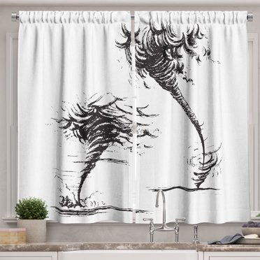 Ambesonne Tornado Kitchen Curtains, Hurricane in Sketch Style, 55"x39", Black and White
