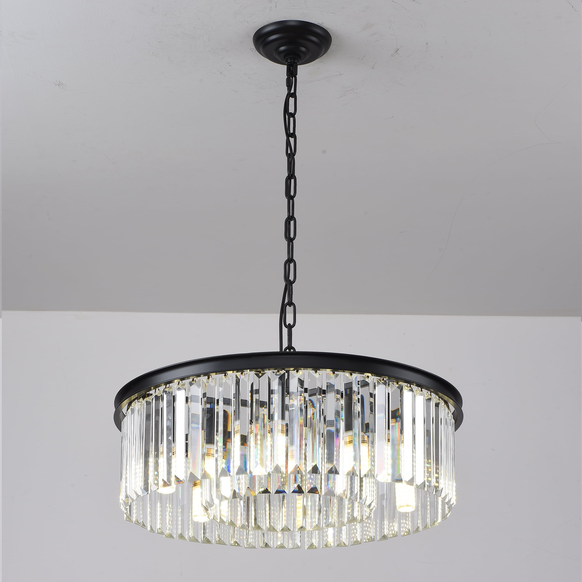 Black Modern Crystal Chandelier Lighting Ceiling Light Fixture 2-Tier K9 Crystal Hanging Pendant Light for Dining Room Bedroom Hallway