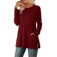 thumbnail image 4 of Lenpel Women's Tunic Tops Soft Casual Long Sleeve Crew Neck Side Split Ribbed Knit T Shirts Loose Lightweight Sweaters with Pockets(Red,X-Large), 4 of 5