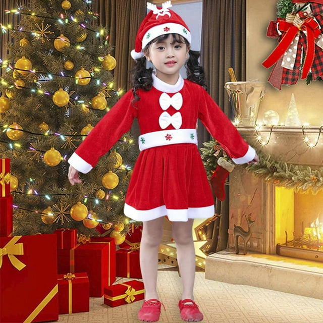 Traje de Papá Noel para niños, conjunto de ropa navideña, vestido elegante con cinturón, traje de terciopelo rojo, disfraz de Papá Noel para regalo de 140cm Yinane Disfraz de Papá Noel