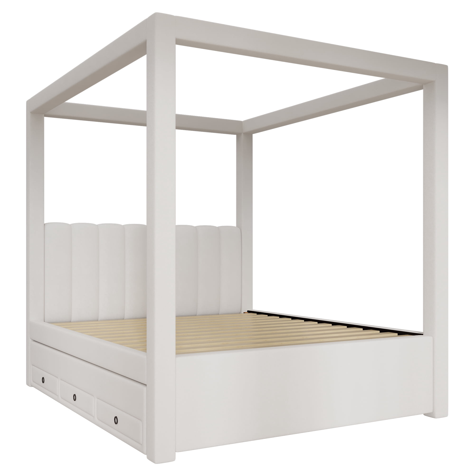 Euroco Upholstery Canopy Queen Platform Bed with Twin Trundle and 3 Drawers, Beige