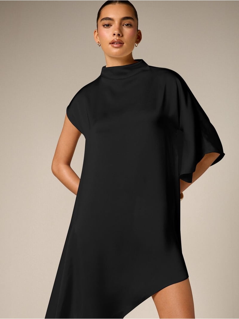 asymmetrical mock neck dress Mock-Neck Asymmetrical Draped Midi Dress