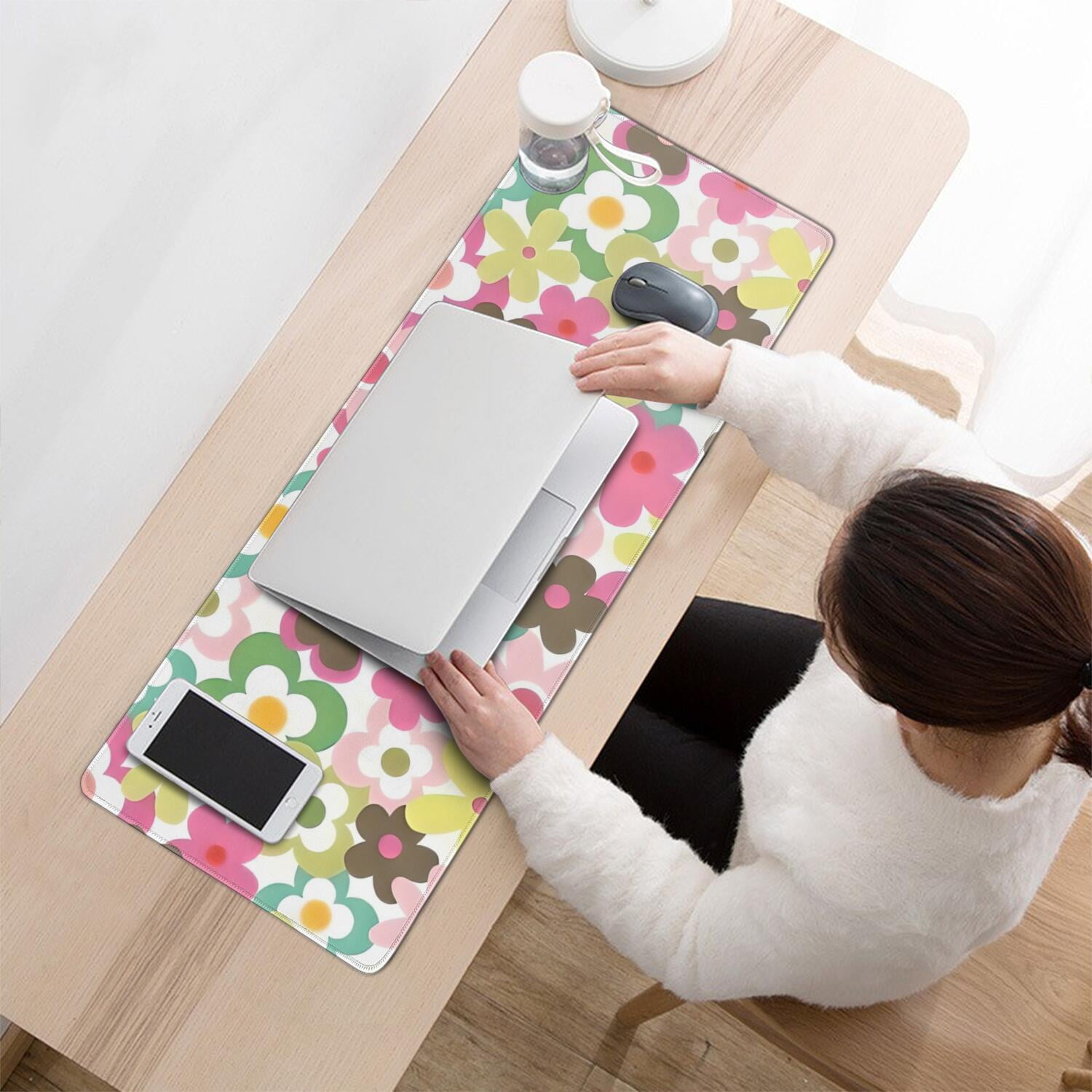 Long Mouse Pads for Desk,Pioneer Flower Floral Print Pattern Desk Mats on Top Of Desks, Desk Mouse Pad Extra Large with 3mm Non-Slip Base and Stitched Edge for Gaming,Office,Work,Home 31.5"x11.8"