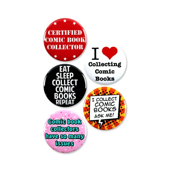 5 Pack - Comic Book Collector Iconophile Pinback Buttons- 2.25 Inch