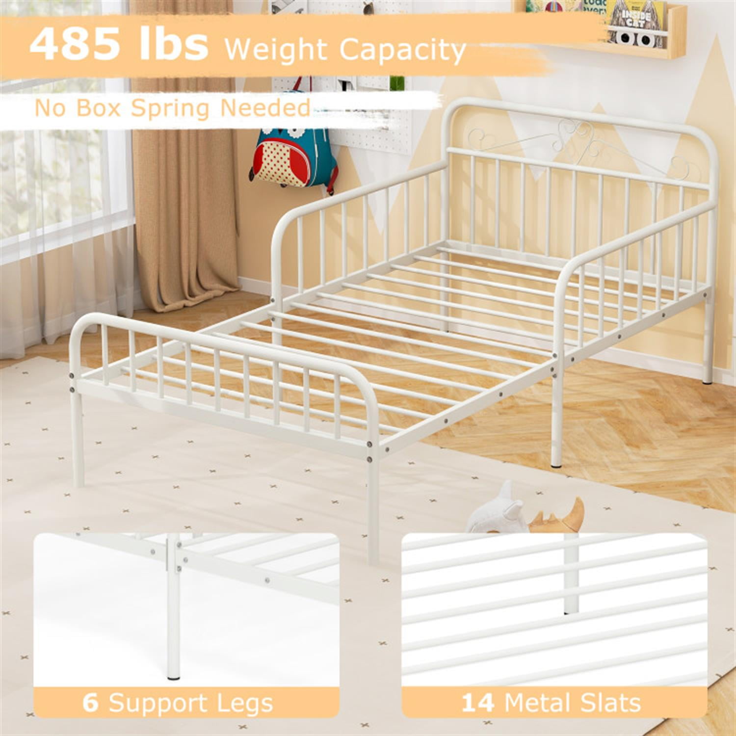 Demi Bonn Twin Size Bed Frame with Headboard and Safety Side Guardrails, Metal Platform Bed Frame with Under Bed Storage, No Box Spring Needed, White
