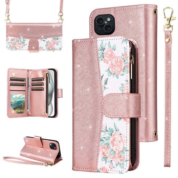 Furiet for iPhone 15 Plus 6.7 inch Floral Wallet Case & Flip Zipper Purse Wrist Strap Shoulder Strap Luxury Glitter PU Leather Card Holder Stand Phone Cover for i Phone15 15 i15 15Plus Rose Gold