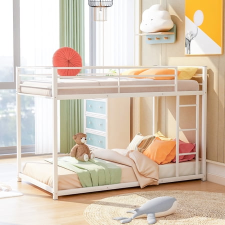 Hassch Twin Over Twin Metal Bunk Bed  Low Bunk Bed With Ladder White