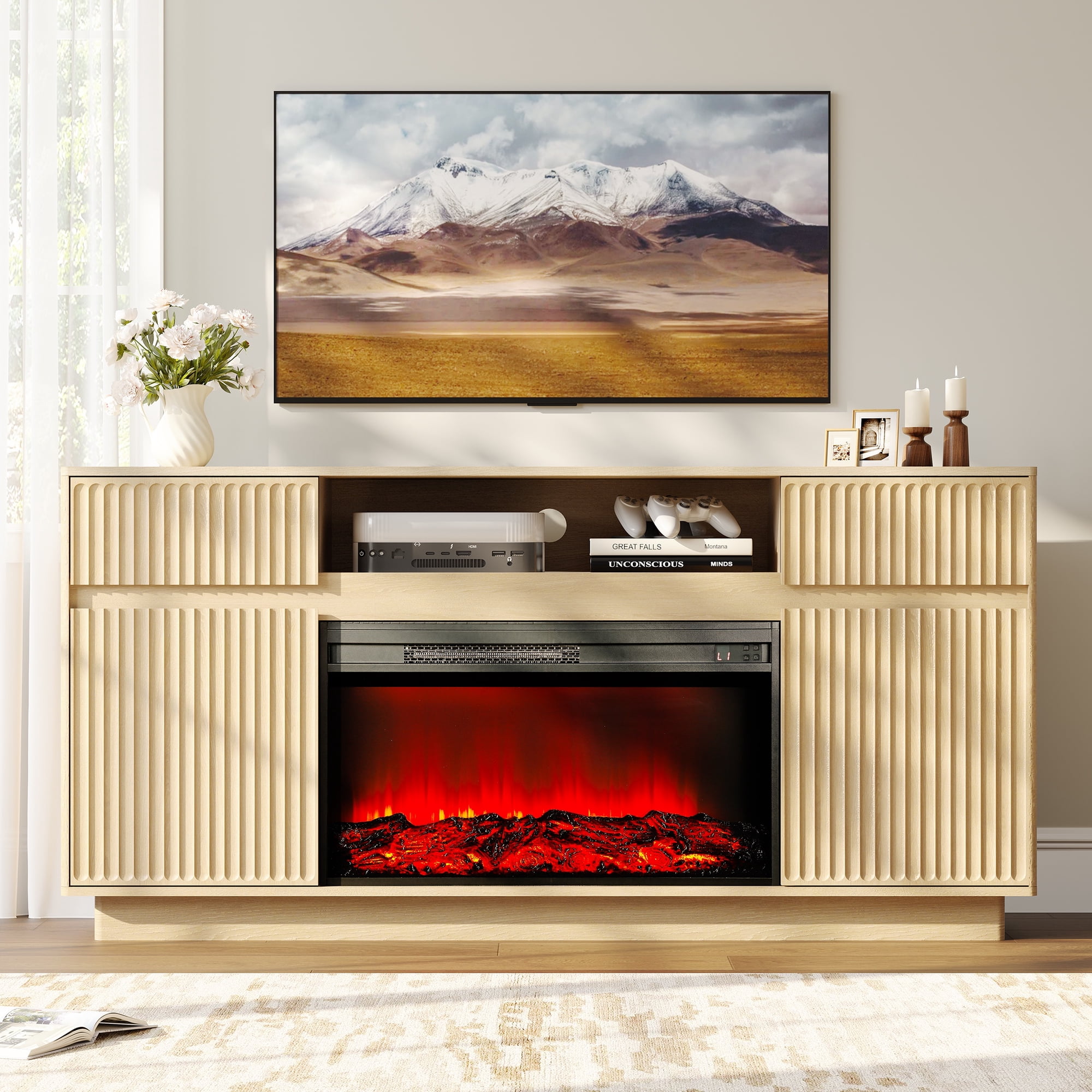 SESSLIFE Fireplace TV Stand for 70 Inch TV, 31'' Tall Mid Century Modern Fluted TV Stand with 30'' Electric Fireplace Heater, Entertainment Center with 2 Cabinets & Drawers, Natural Oak