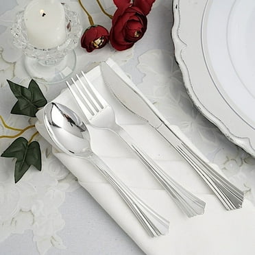 BalsaCircle 24 Pieces Silver Disposable Plastic Set Spoons Forks Knives Silverware