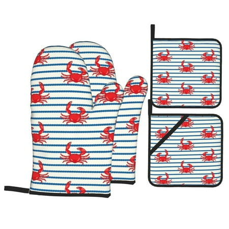 

Oven Mitts and Pot Holders Sets 4 pcs Cute Red Crabs With Nautical Non-Slip Oven Gloves Potholders Soft Quilted Lining Heat Resistant Gloves Hot Pads for Kitchen Cooking Baking
