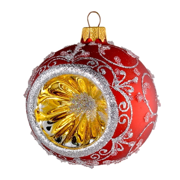 3.1" Indented Glass Christmas Ball, Red Matte Reflector Ornament, Hand Made, Mouth Blown