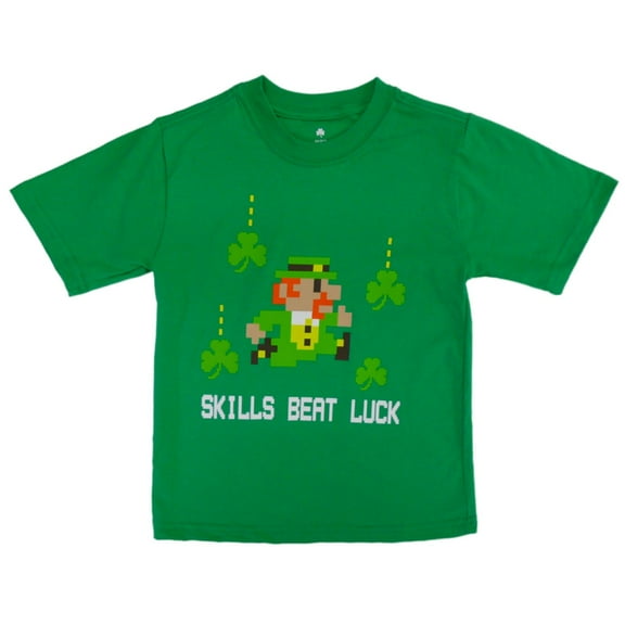 St. Patrick's Day Boys Green T-Shirt Skills Beat Luck Leprechaun Shirt XS (4-5)