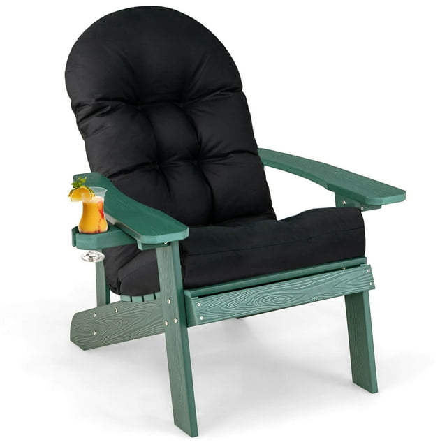 Costway Adirondack Chair HIPS Adirondack Chair with Cup Holder & Cushion Green