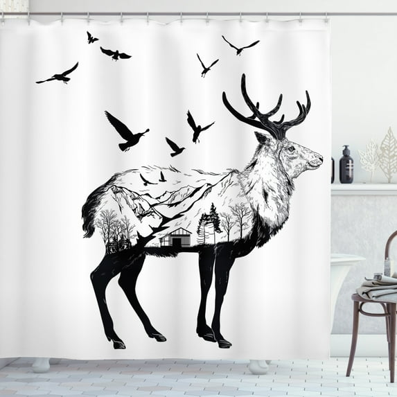 Ambesonne Deer Shower Curtain, Mountain and Cottage, 69"Wx70"L, Black White