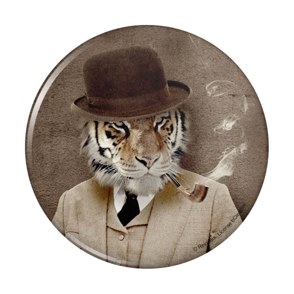 Tiger in Hat and Suit Smoking Pipe Pinback Button Pin Badge 