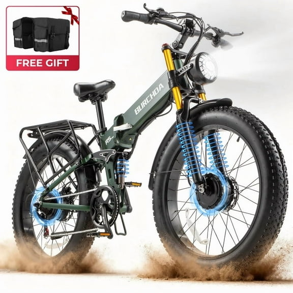 Folding AWD Dual motor Electric Bike for Adults 26'' 2000w UL2849 48v 20Ah, 7 Speeds,4.0 Fat Tire Ebike up to 32MPH Off Road E-mountain bike Dual Hydraulic Disc Brakes&Suspension Electric Bicycles