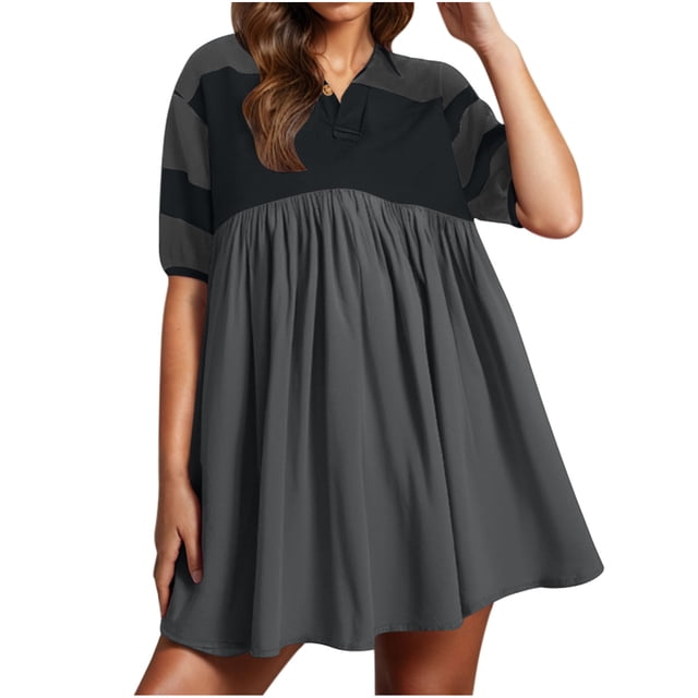 Hinvhai Robes d'Été Babydoll pour Femmes Liquidation Surdimensionnée Décontractée Manches Courtes à Blocs de Couleur Col en V Chemise Fluide Mini Robe Gris Foncé TTG(TTG)