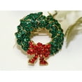 thumbnail image 2 of Vintage Rhinestone Christmas Wreath Brooch With Red Bow, Xmas Holiday Jewelry Gift, Wreath Pin, 2 of 9
