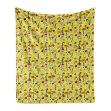 Vintage Soft Flannel Fleece Throw Blanket, Repeating Botanical Pattern with Design Flowers and Leafy Herbs, Cozy Plush for Indoor and Outdoor Use, 50" x 70", Yellow and Multicolor, by Ambesonne