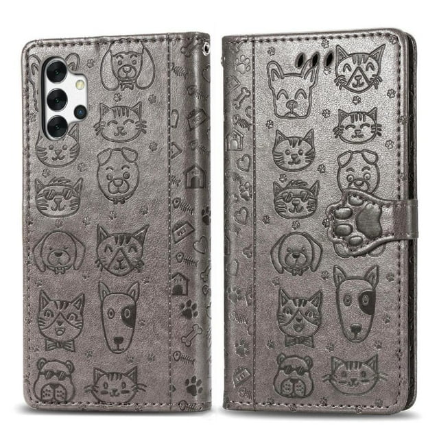 Funda Cartera FOXDOCK para Samsung Galaxy A32 5G , Flip PU con Relieve de Gatos y Perros, Tarjetero y Soporte