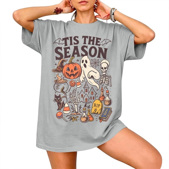 Halloween Shirts Women Oversized Spooky Season Ghost T-Shirt | Oversized Halloween Shirts for Women Funny Pumpkin Ghost Skull Graphic Tees Fall Casual Short Sleeve Tops Light Gray 5XL