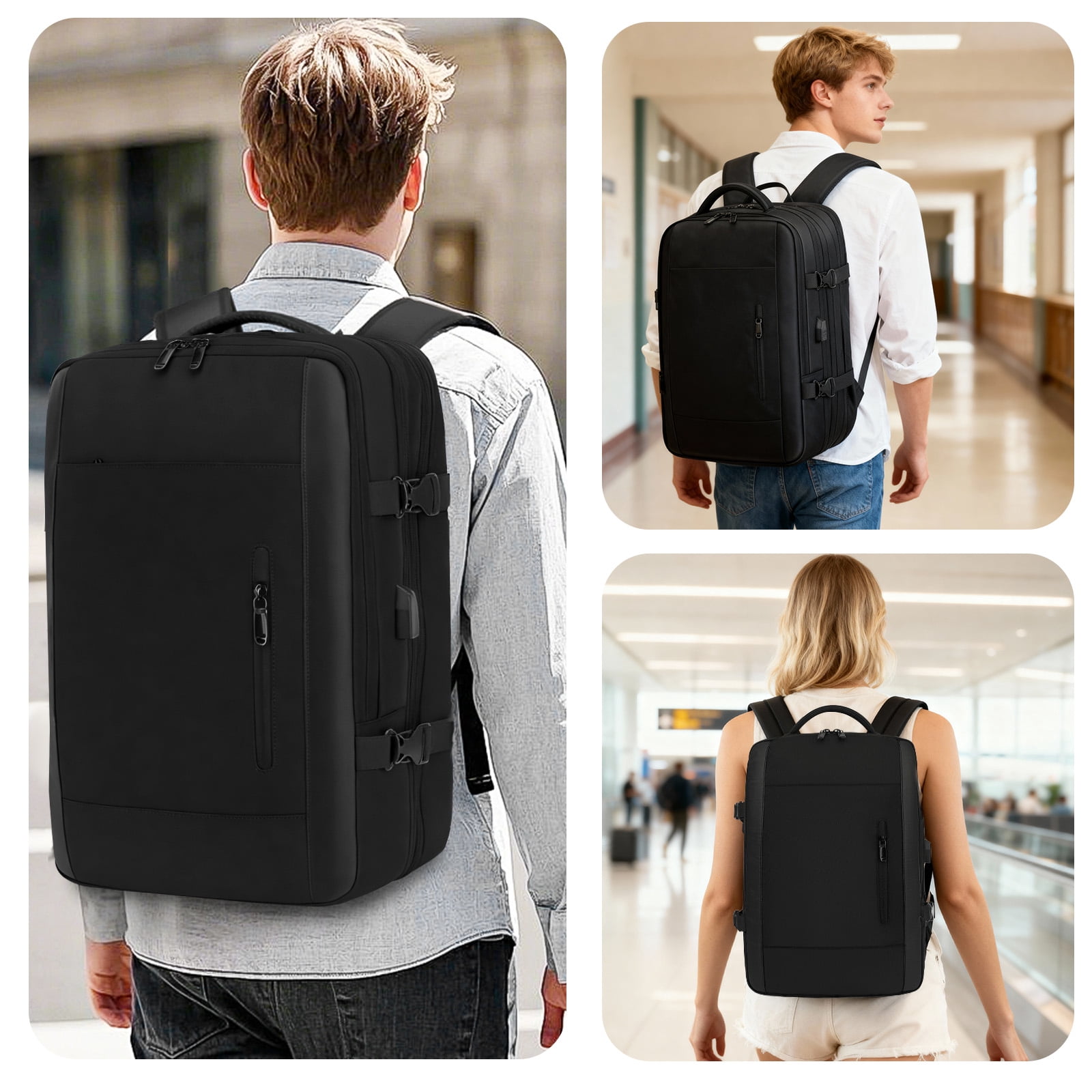 Fenbeli 45L Expandable Travel Laptop Backpack, Water-Resistant Business Backpack with USB Charging Port