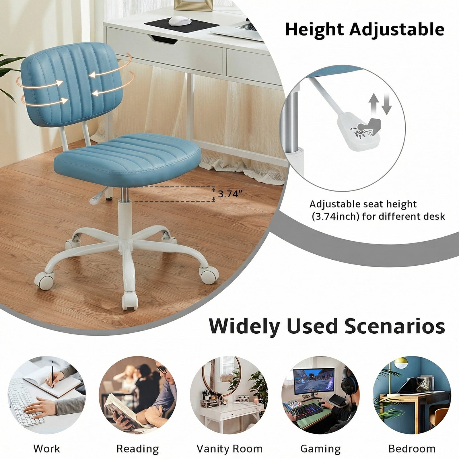 edx Adjustable Height Armless Office Desk Chair with Wheels, PU Leather Mid Back 360°Swivel Small Computer Chair, Modern Task Chair for Home Office Reading Meeting Room, Blue