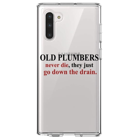 DistinctInk Clear Shockproof Hybrid Case for Samsung Galaxy Note 10 (6.3" Screen) - TPU Bumper Acrylic Back Tempered Glass Screen Protector - Old Plumbers Never Die - Down the Drain