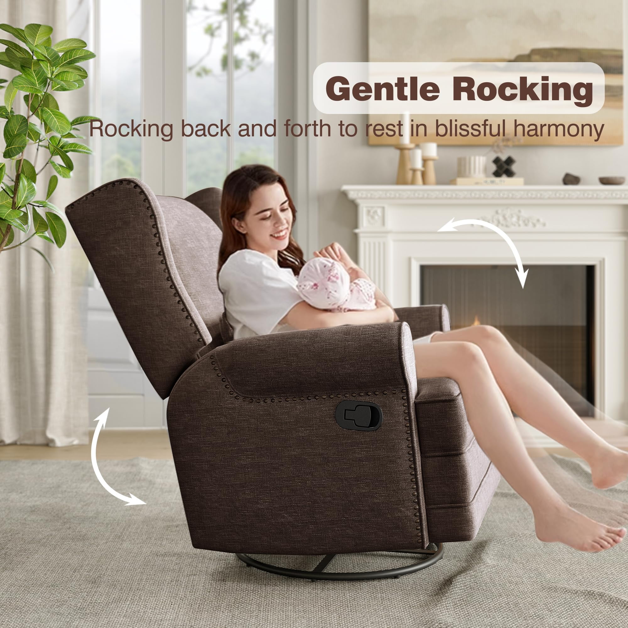 RoyalCraft Swivel Recliner Glider Rocking Chair with Lumbar Pillow and Footrest, for Bedroom, Living Room, Brown