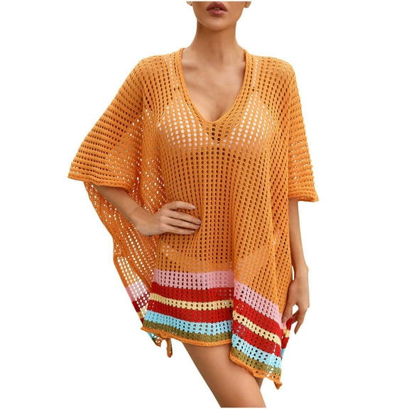 gakvbuo Summer Beach Cover Up Dress For Women Swimwear Bikini Bathing Suit Coverups Women's Fashion Round Neck Long Sleeve Loose Hollowed Out Beach Swimsuit Blouse