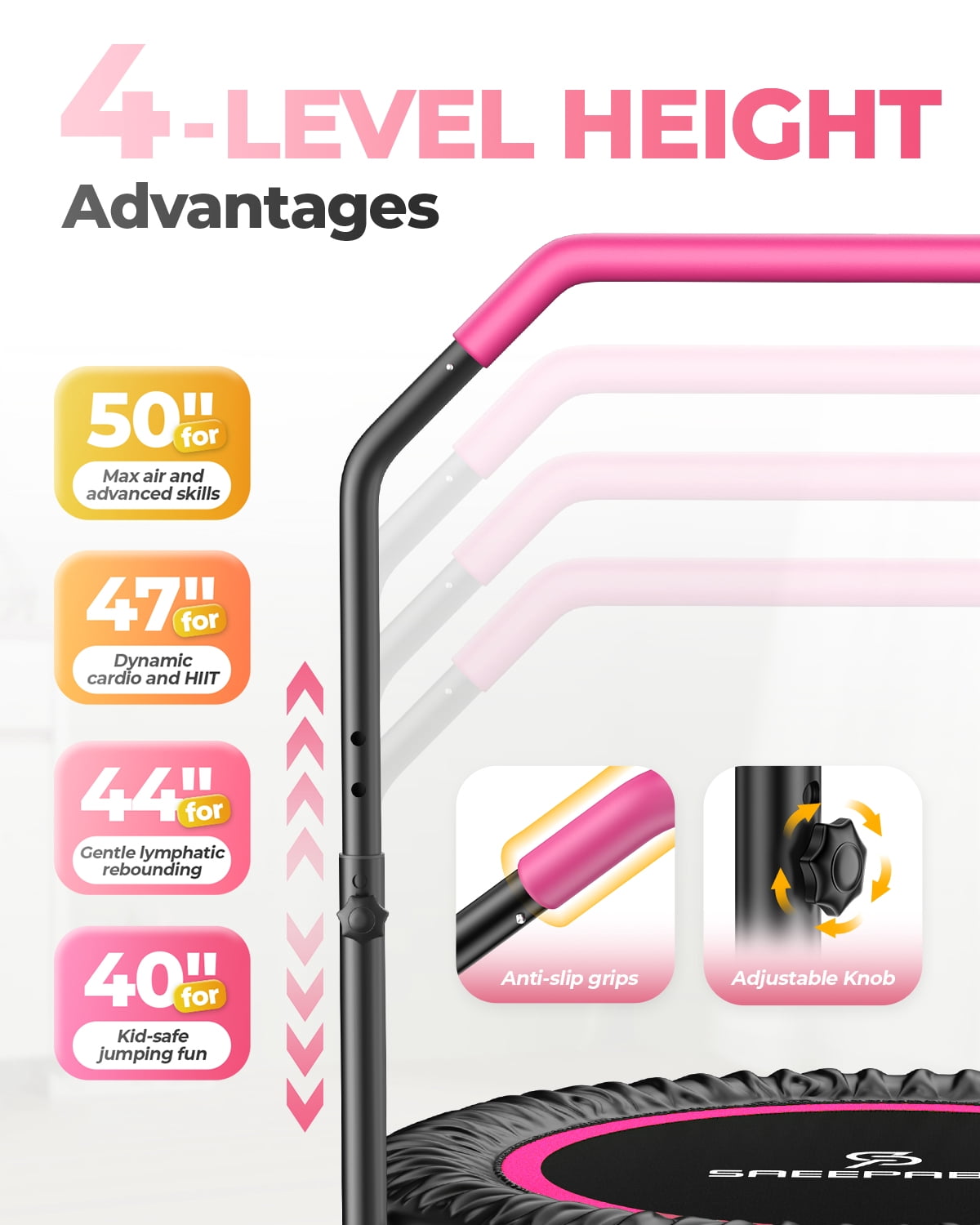 SAEEPABUL 40 Inch Mini Fitness Rebounder Trampoline with Adjustable Handle, Indoor Exercise Workout Trampoline for Adults, Max Load 330lbs Pink