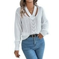 thumbnail image 2 of Women Casual Hollowed Out V-Neck Pullover Sweater Knit Long Sleeve Shirts Top Sweaters White XL, 2 of 9