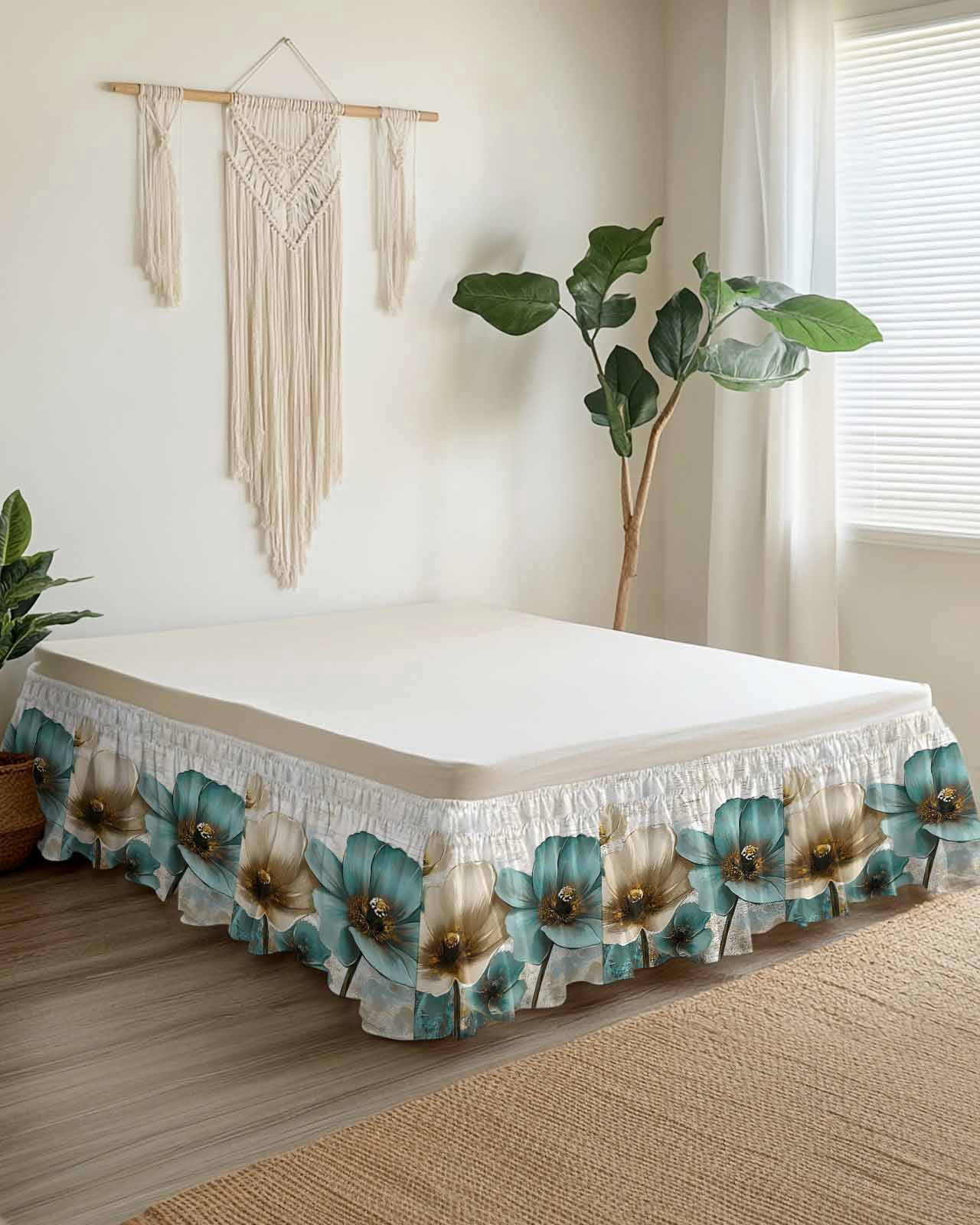 Retro Beige Teal Flowers Bed Skirt Vintage Background Pastoral Style Bed Skirts King Size 18 Inch Drop, Wrap Around Dust Ruffle&nbsp;Bedskirt with Adjustable Elastic Belt for Queen Size Beds