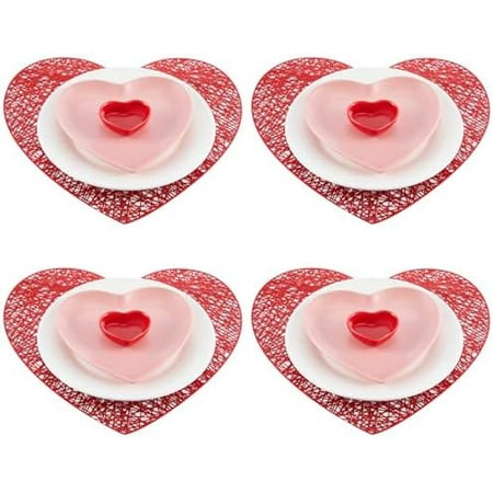 8 Pcs Valentine's Day Tableware Set Include Large Pink Heart Ceramic Flat Plates White Dinner Ceramic Plates Red Heart Dish Bowls and Place Mats for Wedding Anniversary Party Decorations